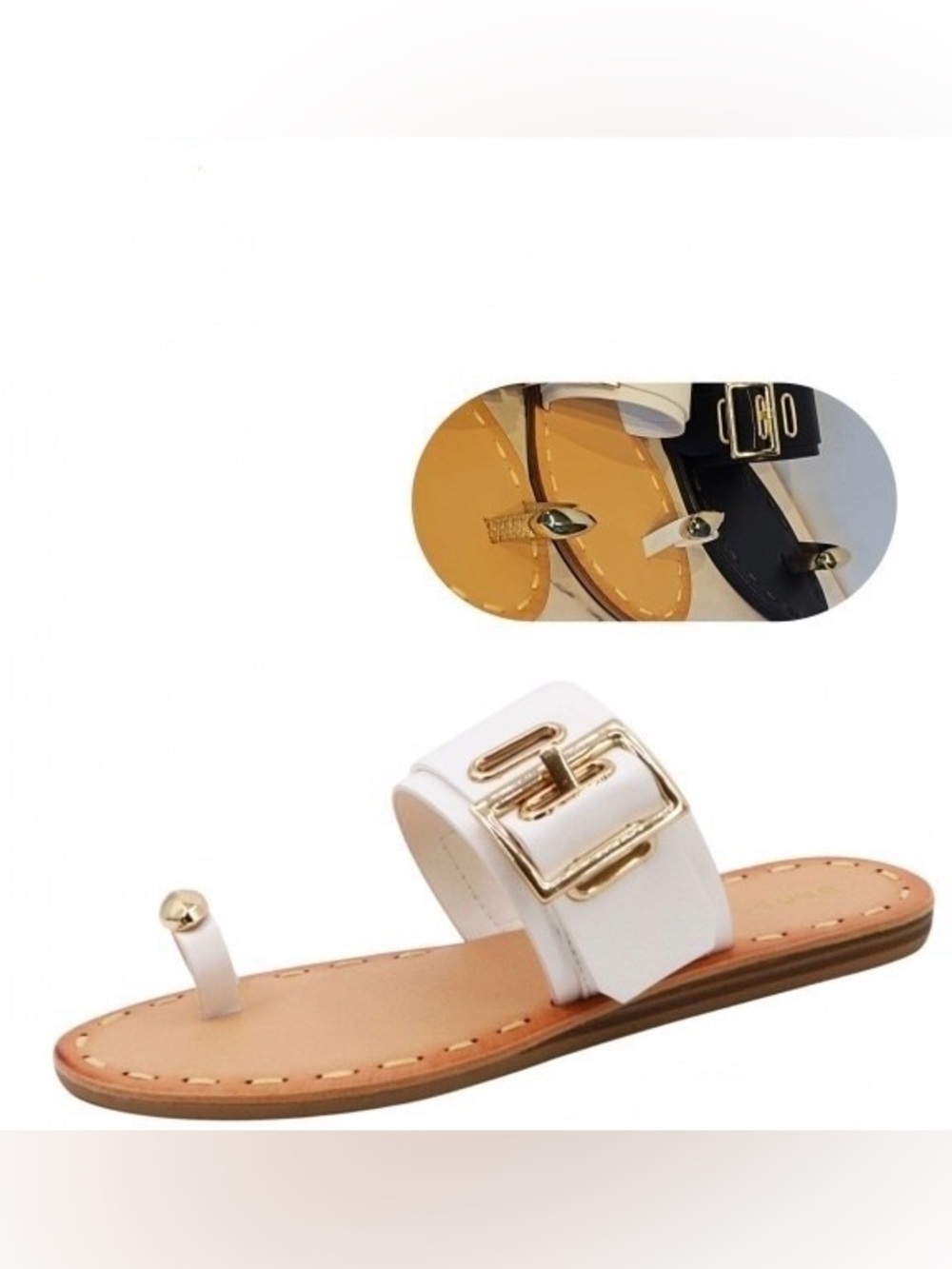 Unbranded White Leather Buckle Toe-Ring Slide Sandals